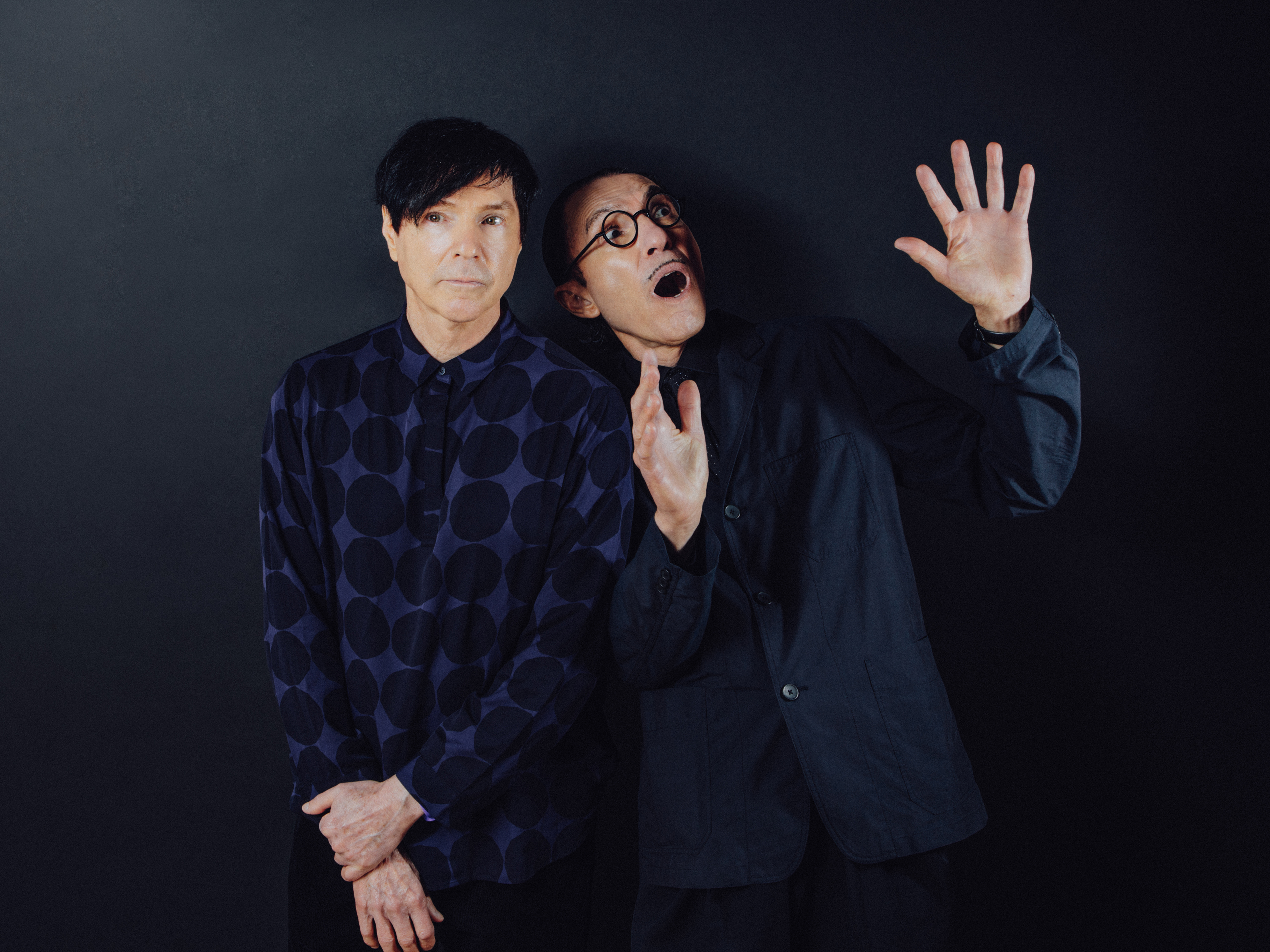 caption: Brothers Russell and Ron Mael in director Edgar Wright's film <em>The Sparks Brothers</em>, a Focus Features release.