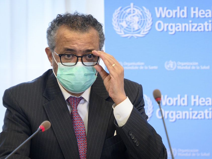 caption: In this May 24, 2021 file photo, Tedros Adhanom Ghebreyesus, Director General of the WHO, speaks at WHO headquarters, in Geneva, Switzerland. The WHO is asking China to be more transparent as scientists search for the origins of the coronavirus.