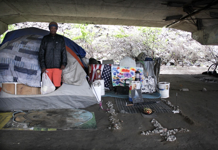 caption: A resident of the Jungle, a three-mile stretch under Interstate 5 where about 400 people live.