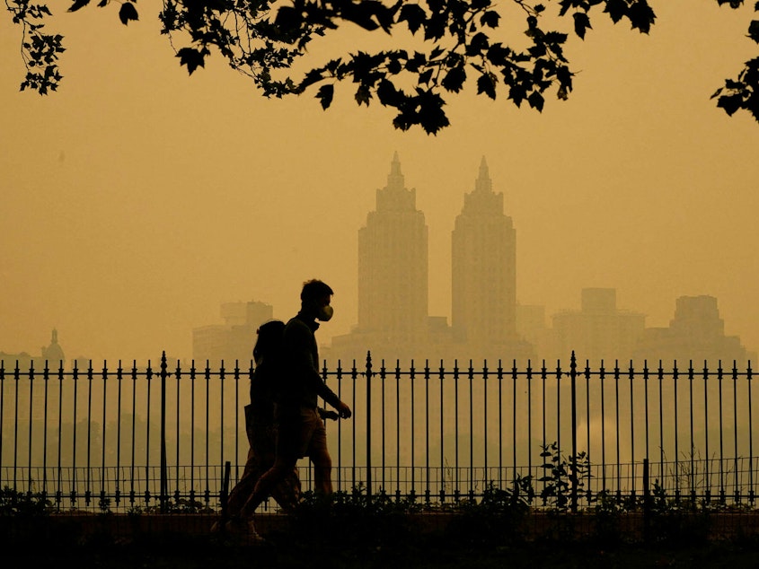 caption: Wildfire smoke filling the New York City skyline was a familiar sight to communities in the Western U.S., who have had to learn to live with the effects of more extreme fires.