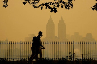 caption: Wildfire smoke filling the New York City skyline was a familiar sight to communities in the Western U.S., who have had to learn to live with the effects of more extreme fires.