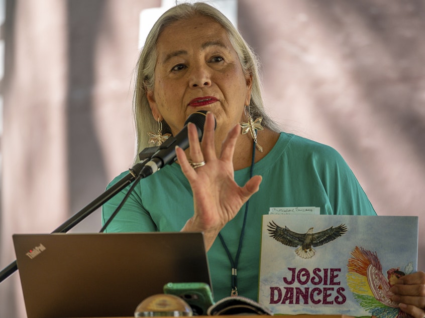 caption: Denise Lajimodiere speaks at the Minnesota Children's Book Festival in Red Wing, Minn., on Sept. 18, 2021. This week, Lajimodiere became the first Native American state poet laureate in North Dakota's history.