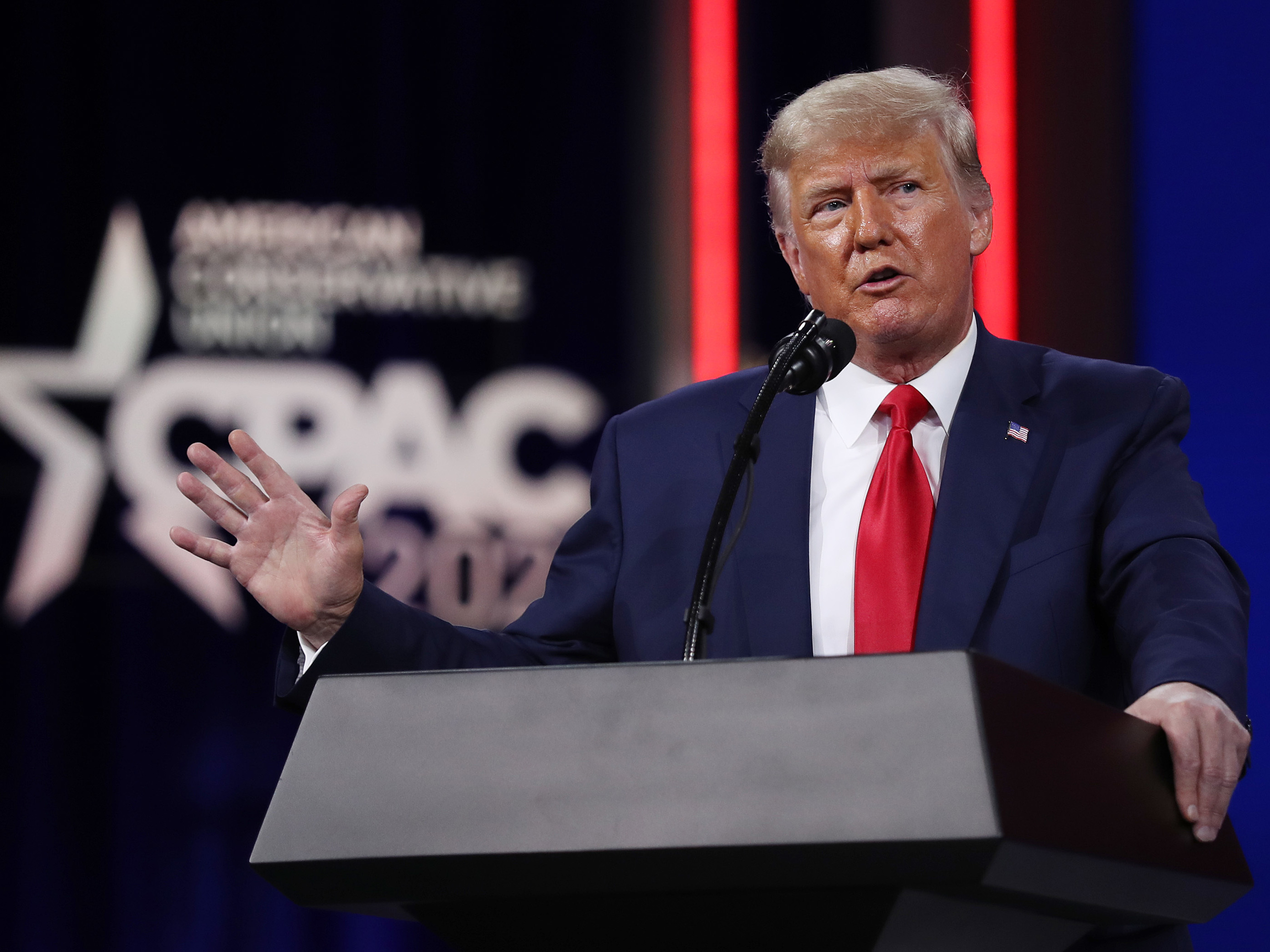 caption: Former President Donald Trump addresses the Conservative Political Action Conference late last month. Trump is urging his supporters to donate to his political action committee, rather than the Republican Party.