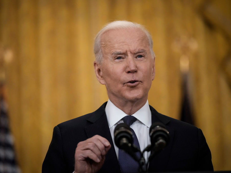 caption: President Biden delivers remarks on the economy in the East Room of the White House on Monday, pushing back on critics who say the American Rescue Plan is making the economy worse.