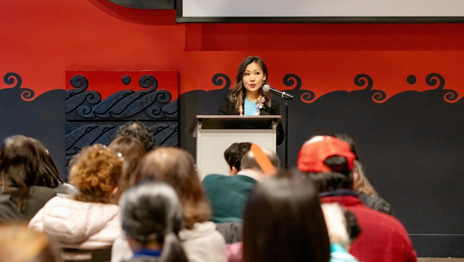 caption: Angelie Chong speaks to a crowd at Make Us Visible Washington's launch event on March 4 at the Wing Luke Museum in Seattle's International District.