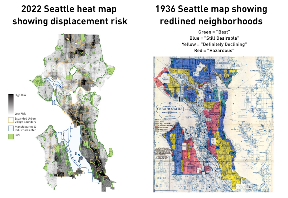 caption: 2022 Displacement Risk map next to a 1936 map showing loan risk