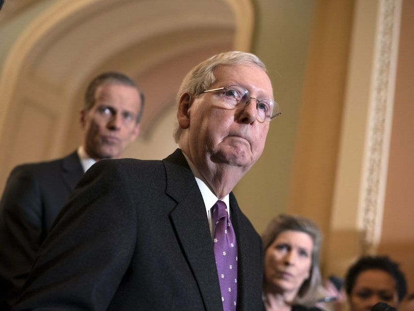 caption: Senate Majority Leader Mitch McConnell canceled this week's scheduled recess in order to take up the House bill on the coronavirus response.