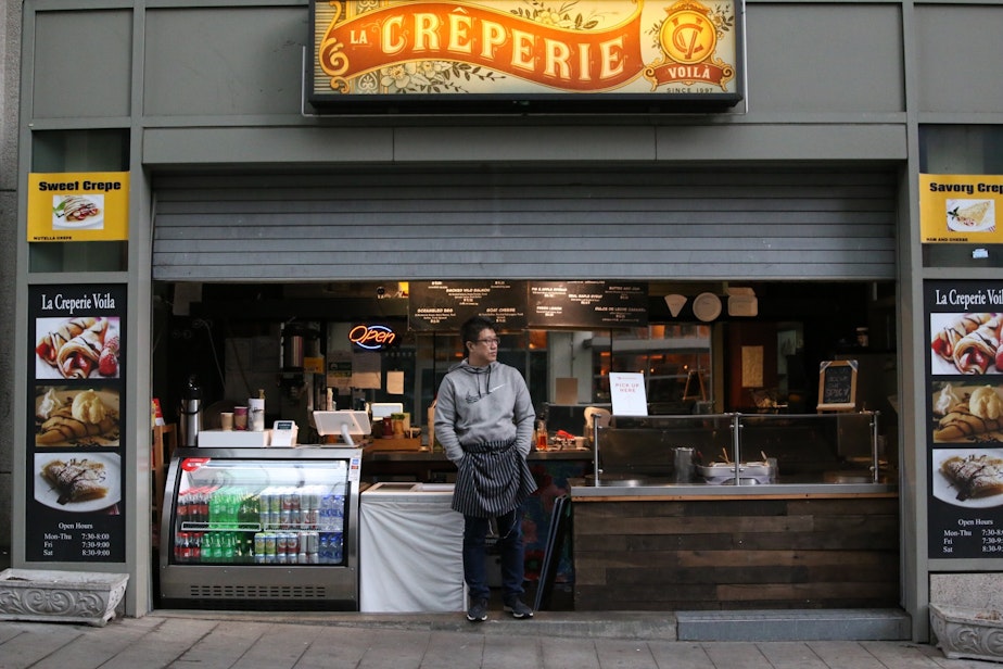 caption: Terry Kim, La Creperie Voila. Kim laid off 10 workers and said he had no choice but to close up.