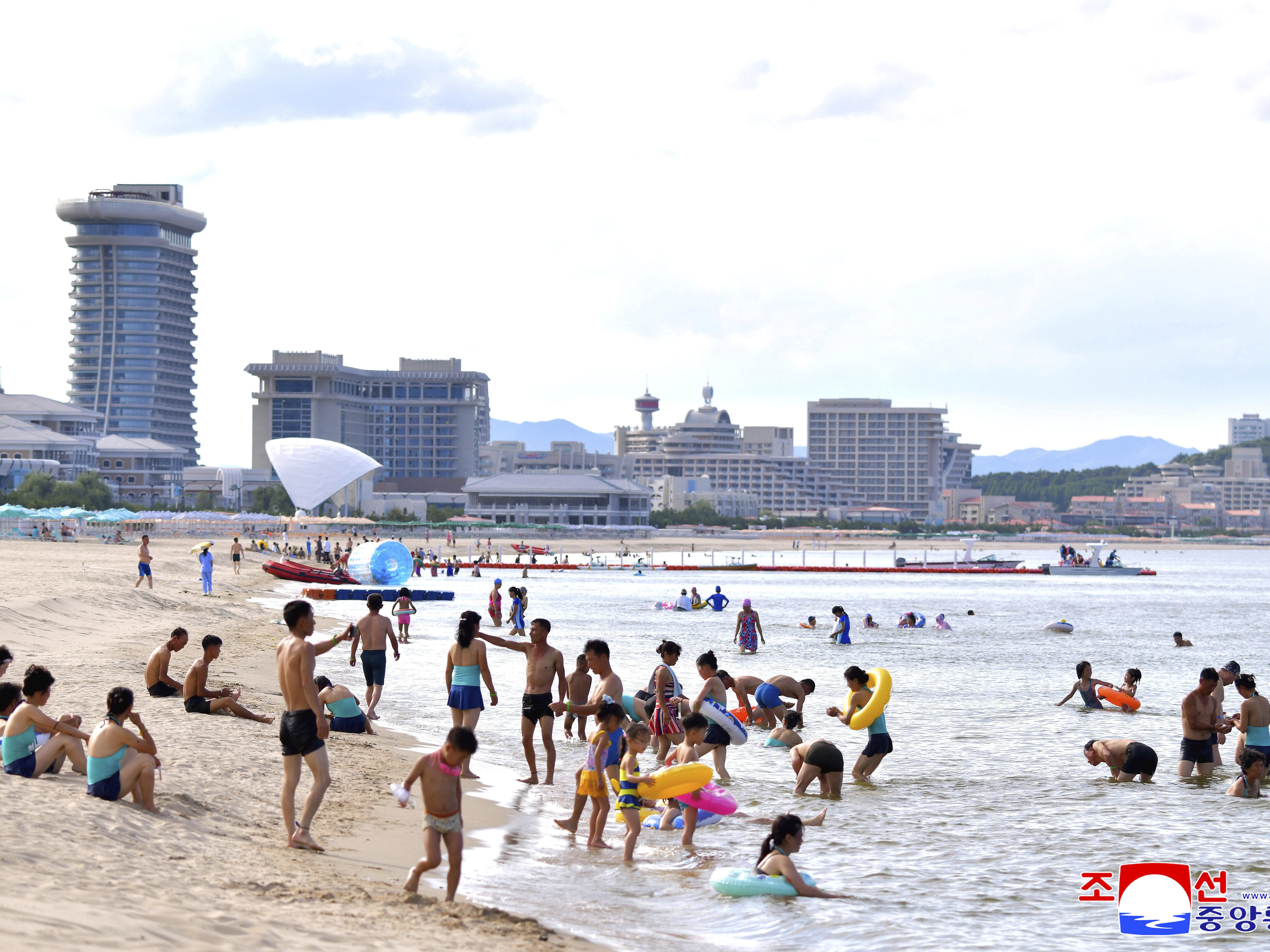 caption: This photo provided on July 2, 2025, by the North Korean government shows a beach resort in the Wonsan-Kalma eastern coastal tourist zone on July 1, 2025.
