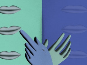 An illustration of a hand grasping at fading lips as another hand tries to push other lips into a smile.