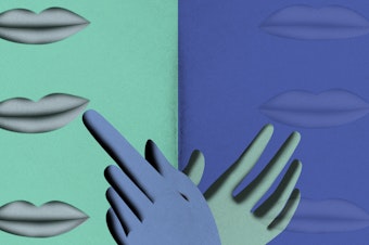 An illustration of a hand grasping at fading lips as another hand tries to push other lips into a smile.