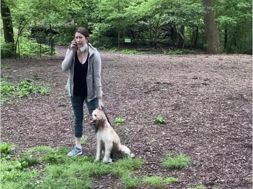 caption: Video of Amy Cooper calling the police on a Black man went viral on social media this summer. The man says he asked Cooper to put her dog on a leash in New York's Central Park.