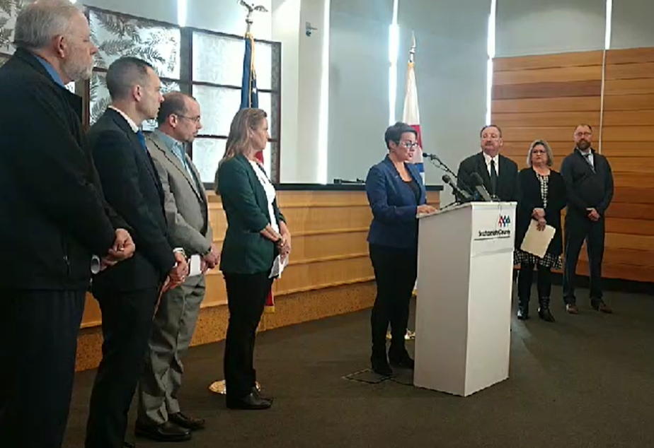caption: Everett Mayor Cassie Franklin speaks at a briefing on the COVID-19 response in Snohomish County, along with county and health district officials, Thursday, March 5.