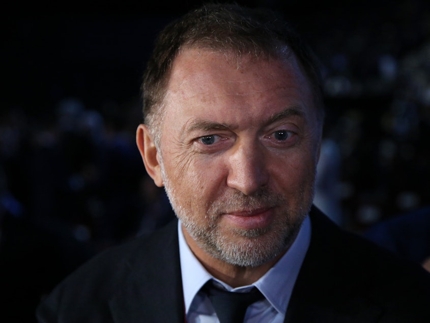 caption: Russian billionaire and businessman Oleg Deripaska seen at the plenary session during the Saint Petersburg Economic Forum SPIEF 2022, on June 17, 2022, in Saint Petersburg, Russia.