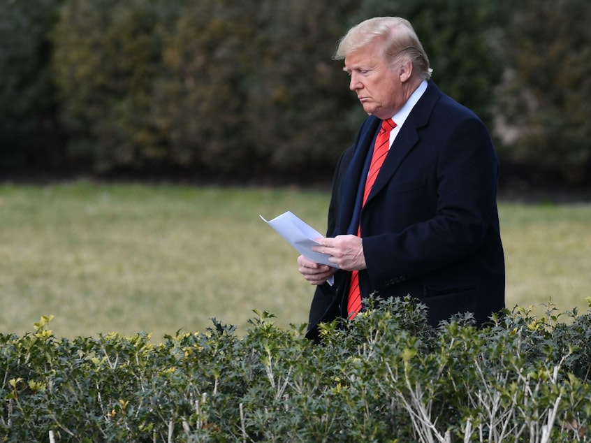 caption: President Trump walks outside the White House in January. The president received intelligence briefings on the coronavirus twice that month, according to a White House official.