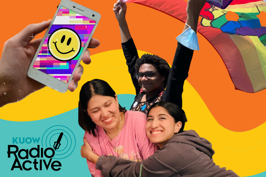 caption: A colorful collage. From top left, clockwise: A hand holds a smartphone with a smiley face on the screen. RadioActive youth producer Rhea Beecher holds a rainbow Pride flag with a power fist. RadioActive youth producer Eva Solorio with her sister.
