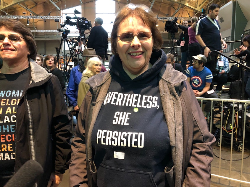 caption: Mary Lindsey of Bellingham says she and Elizabeth Warren both taught special education. 