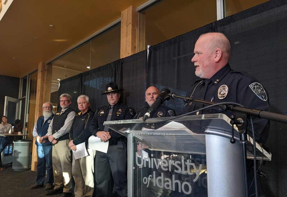 caption: City of Moscow Police Chief James Fry addresses reporters on the University of Idaho campus, Sunday, November 20. Few new details emerged, and no suspect in custody