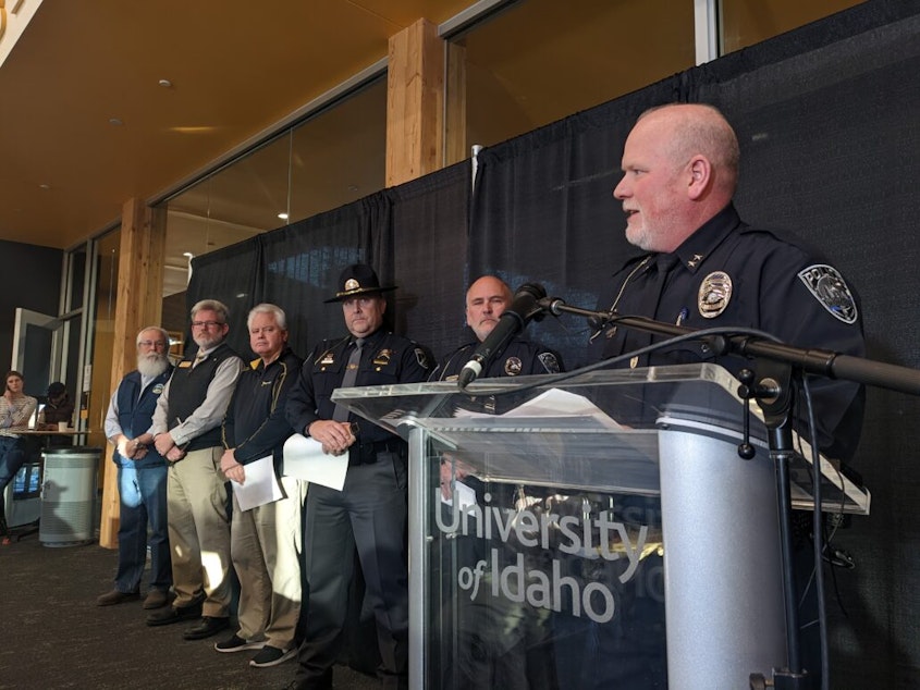 caption: City of Moscow Police Chief James Fry addresses reporters on the University of Idaho campus, Sunday, November 20. Few new details emerged, and no suspect in custody