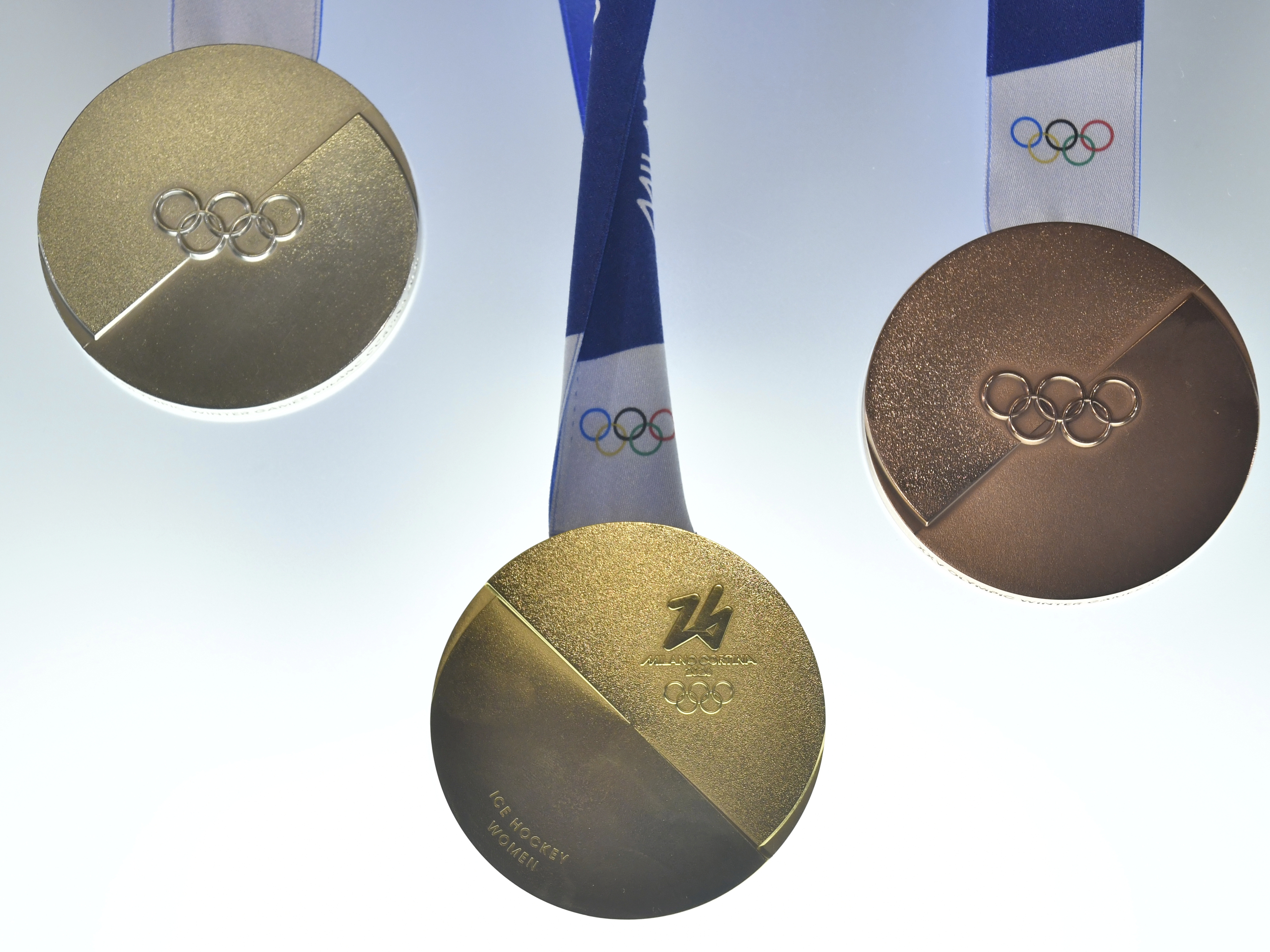 caption: Milano Cortina 2026 Winter Olympics medals are displayed during the unveiling ceremony in Venice, Italy, on July 15.