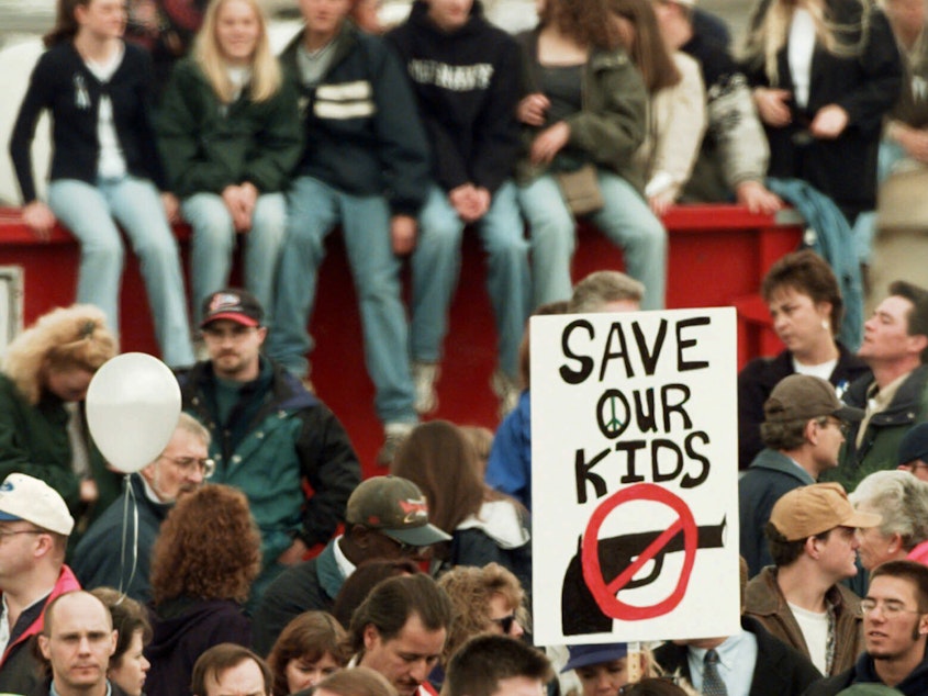 caption: On April 25, 1999, a memorial service for the victims of the Columbine High School shooting Littleton, Colo.