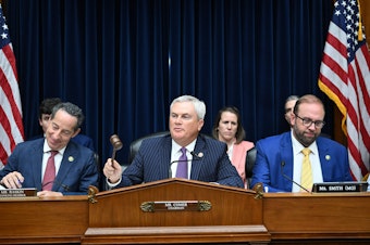 caption: Rep. Jamie Raskin (at right), Rep. James Comer, chairman of the House Oversight Committee (center) and Rep. Jason Smith during a House Committee on Oversight and Accountability impeachment inquiry hearing of President Biden on Thursday.