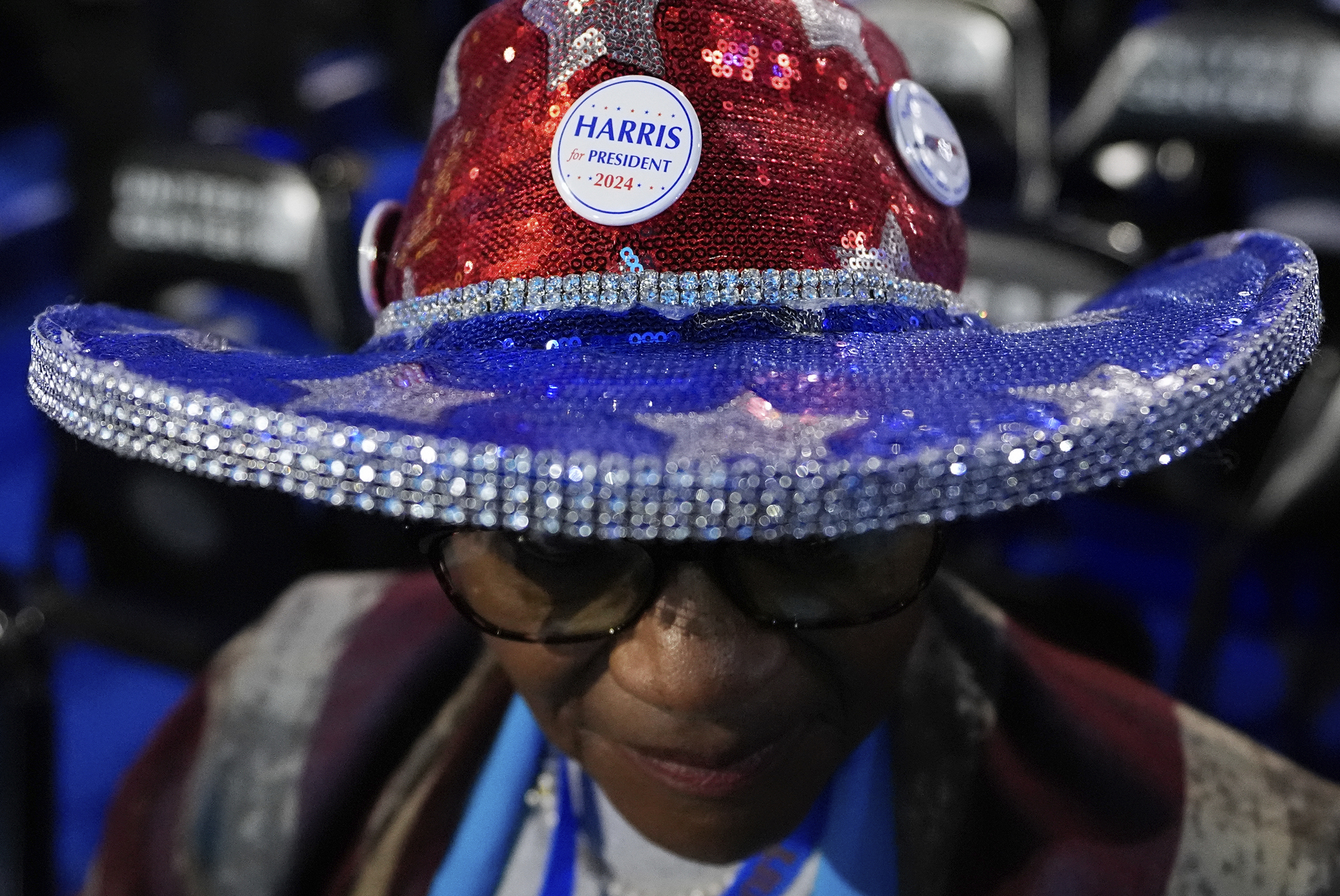 caption: Doris Wallace arrives before the Democratic National Convention Monday, Aug. 19, 2024, in Chicago.