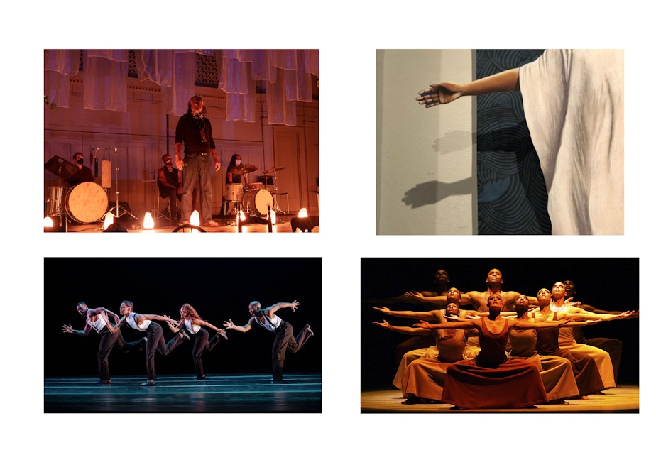 caption: Upper left clockwise: Timothy White Eagle and The Violet Triangle: Revival; Marin Burnett’s Ascension; Alvin Ailey American Dance Theater's Revelations and For Four