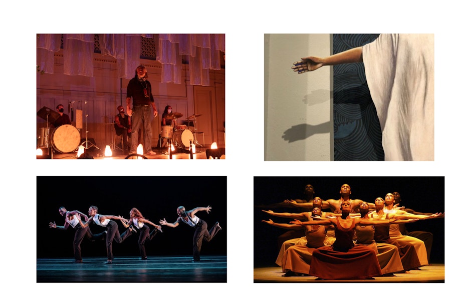 caption: Upper left clockwise: Timothy White Eagle and The Violet Triangle: Revival; Marin Burnett’s Ascension; Alvin Ailey American Dance Theater's Revelations and For Four