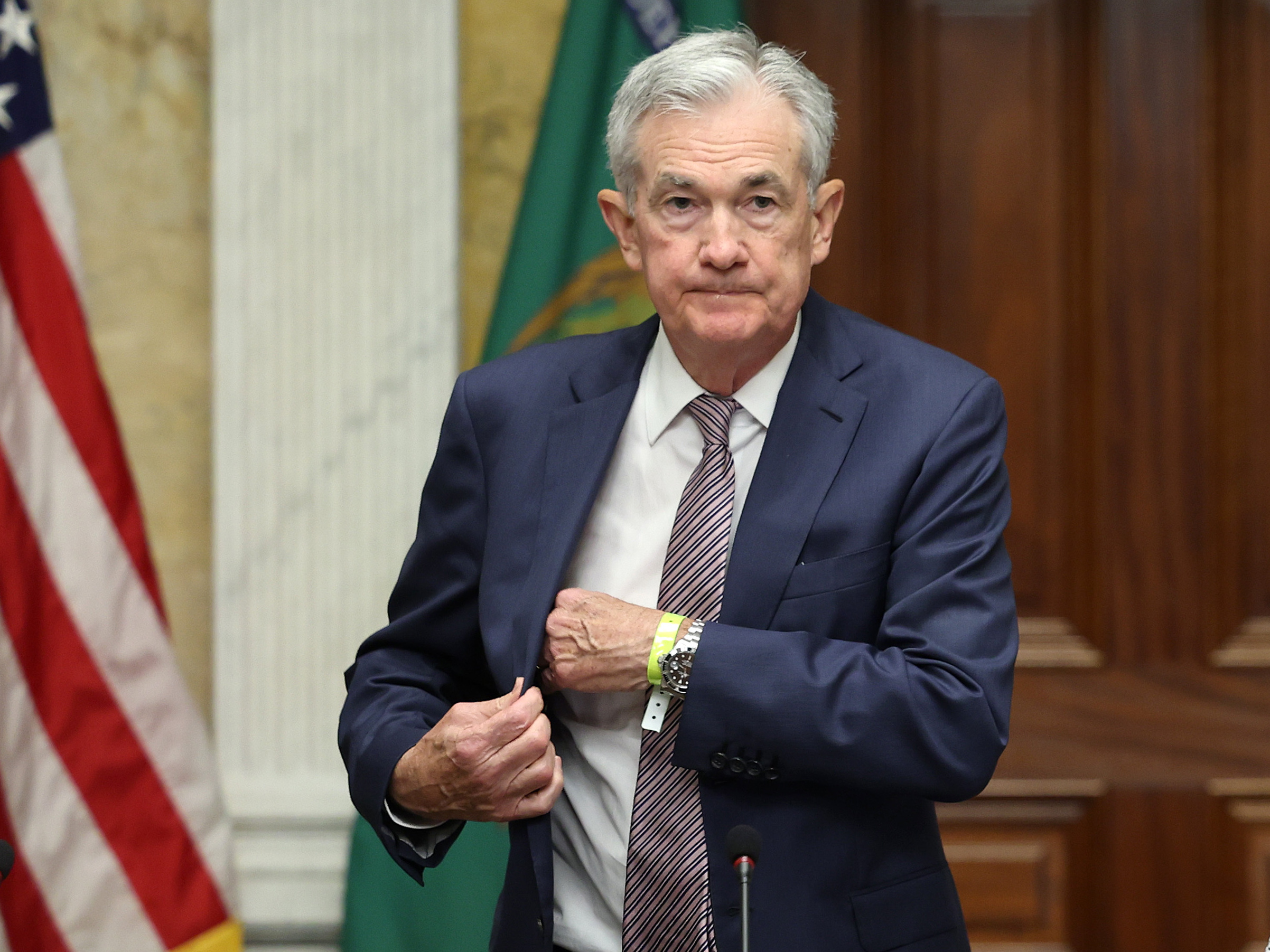 caption: Federal Reserve Chair Jerome Powell arrives for a meeting of financial regulators in Washington, D.C., on July 28, 2023. Powell warned on Friday the fight against inflation still "has a long way to go."