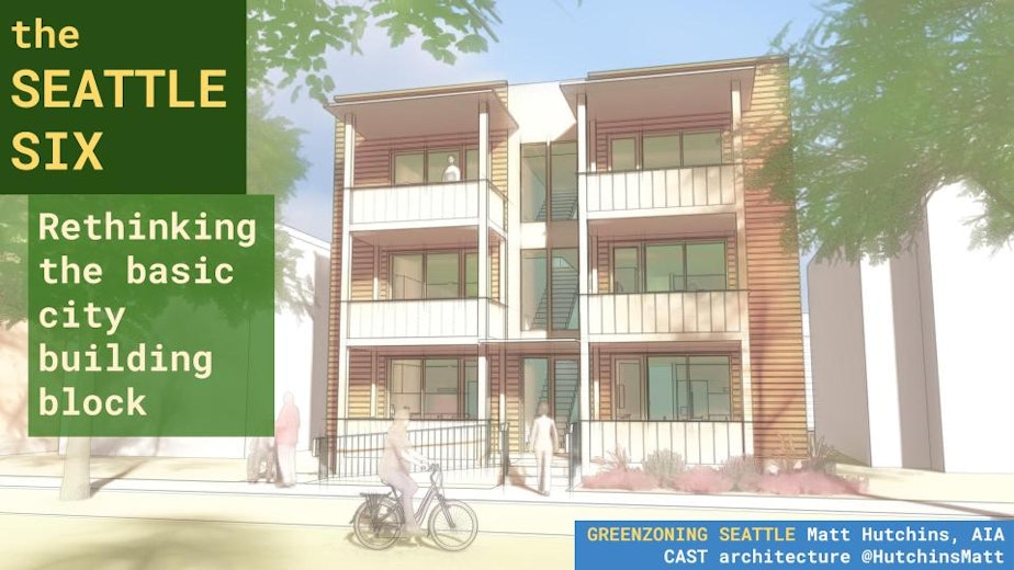 caption: A slide from a presentation by CAST Architecture/Matt Hutchins' shows a concept called "The Seattle Six," a six-unit prototype, based partly on older apartment styles.