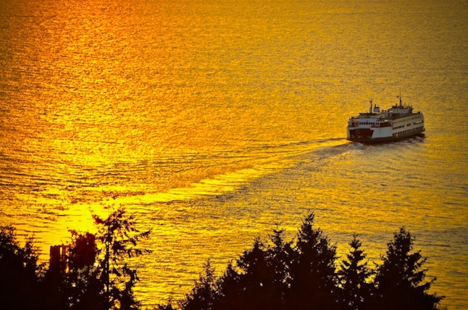 caption: A ferry crossing Puget Sound, seen from West Seattle. 