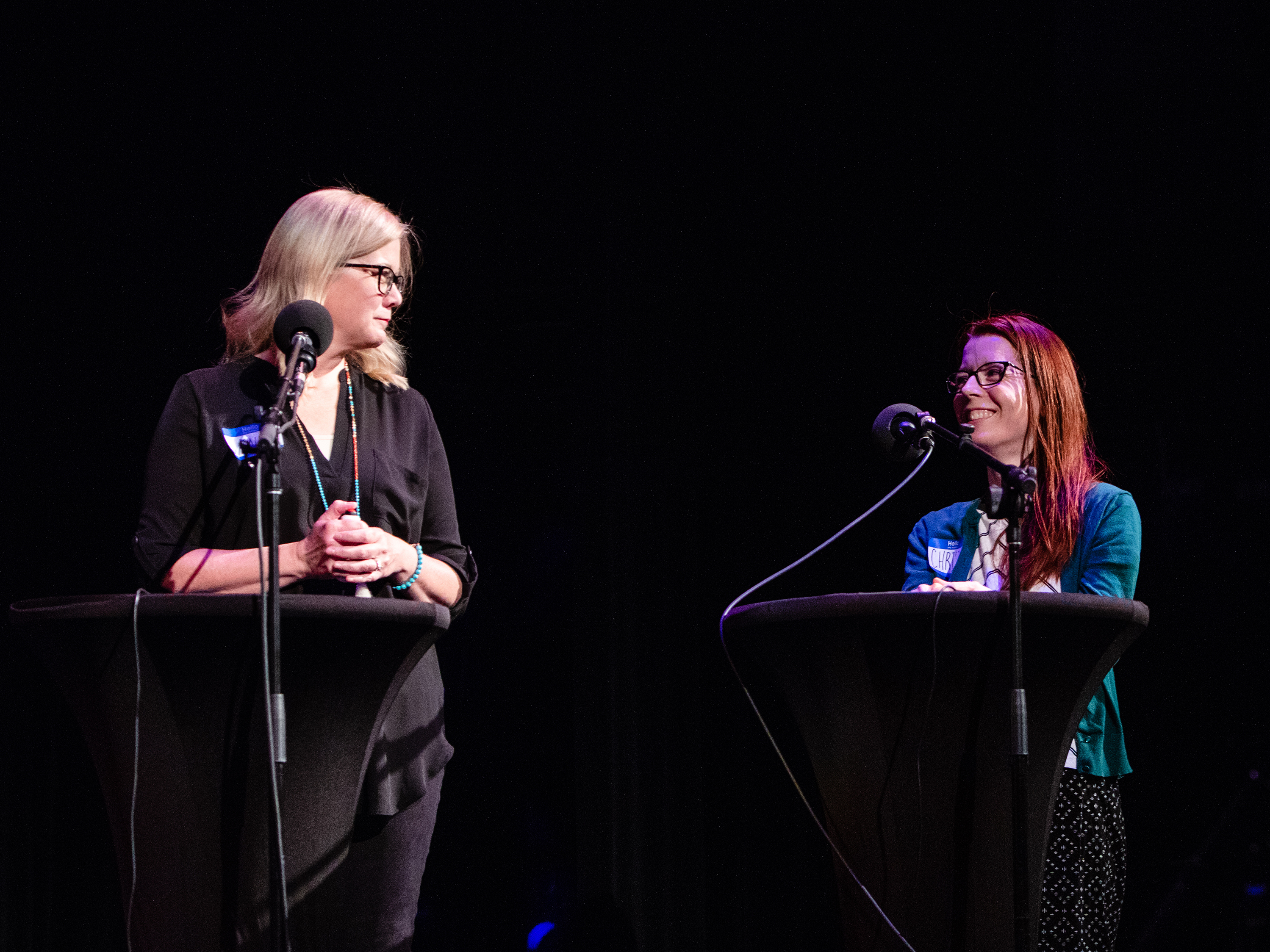 caption: Contestants Christine Whalen and Wendi Aarons appear on <em>Ask Me Another </em>at the Paramount Theatre in Austin, Texas.