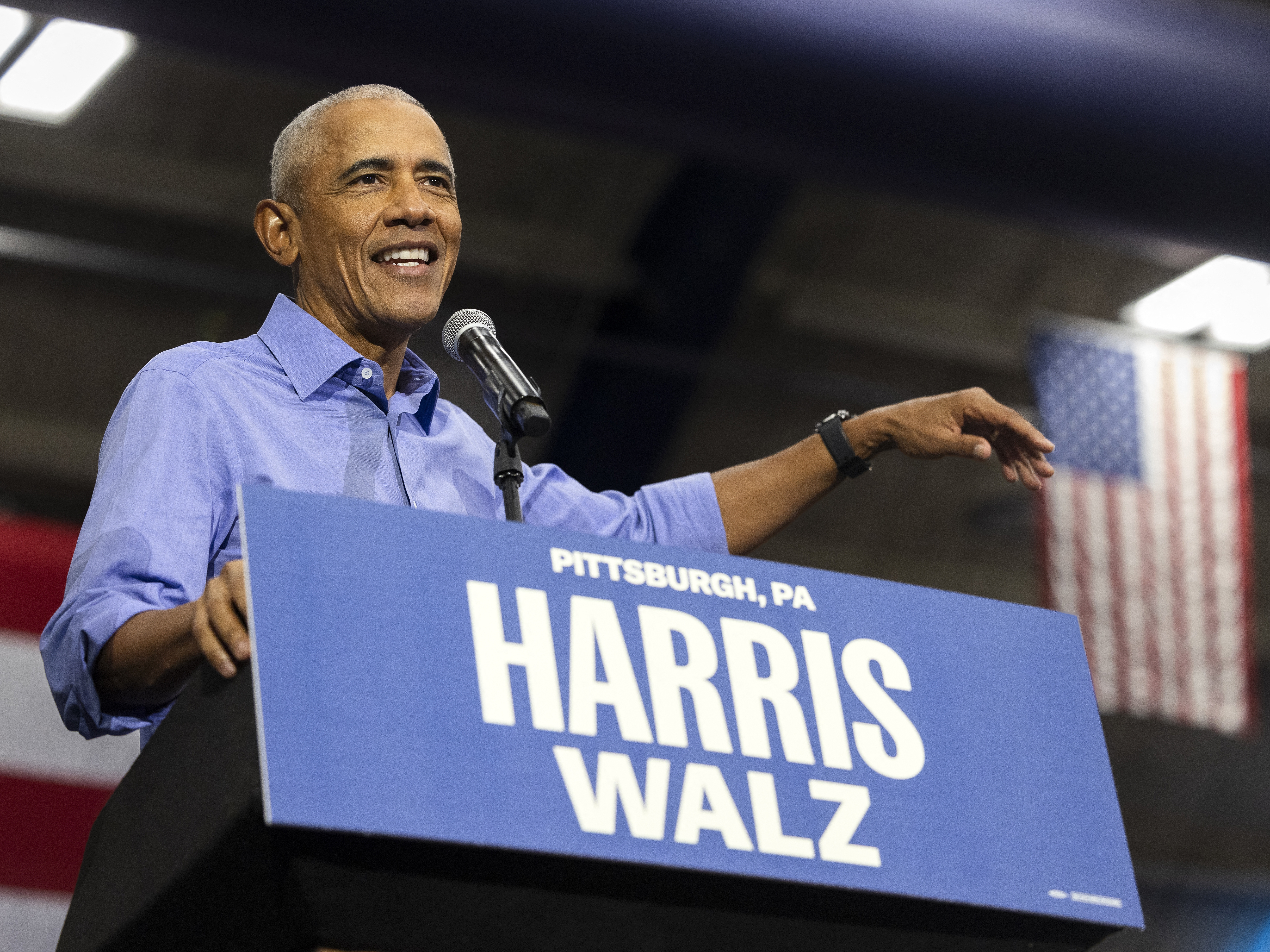 caption: Former President Barack Obama speaks during a campaign event for Vice President Harris in Pittsburgh on Thursday. Prior to the rally, Obama made a special plea to Black men who have been hesitant to support Harris.