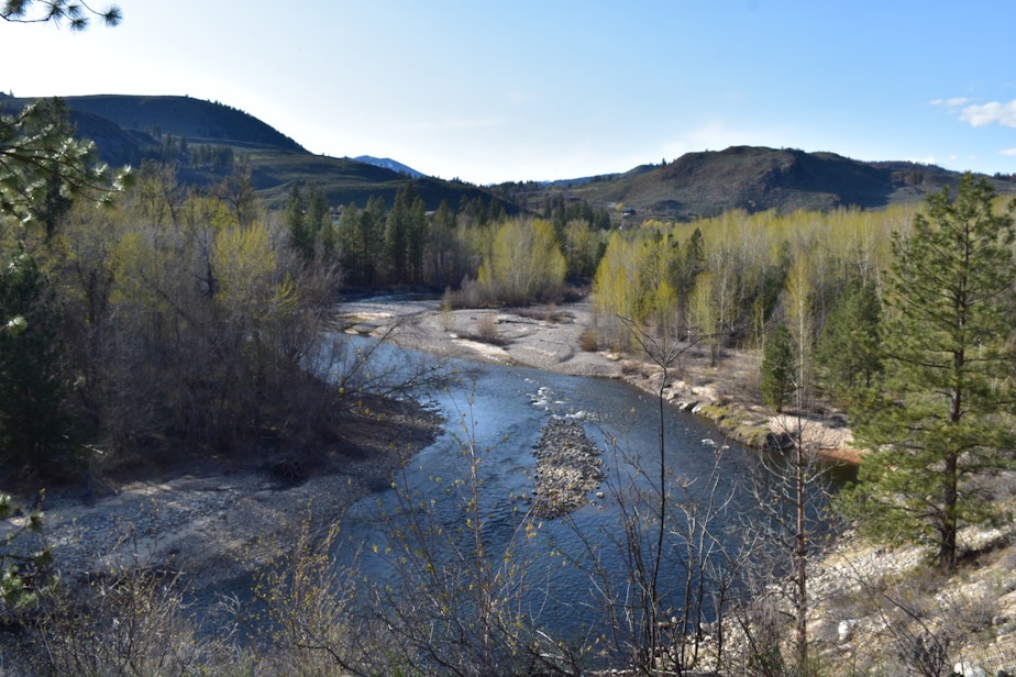 caption: The Chewuch River and the former Wagner Ranch, in April 2022, shortly before it was returned to the Confederated Colville Tribes.