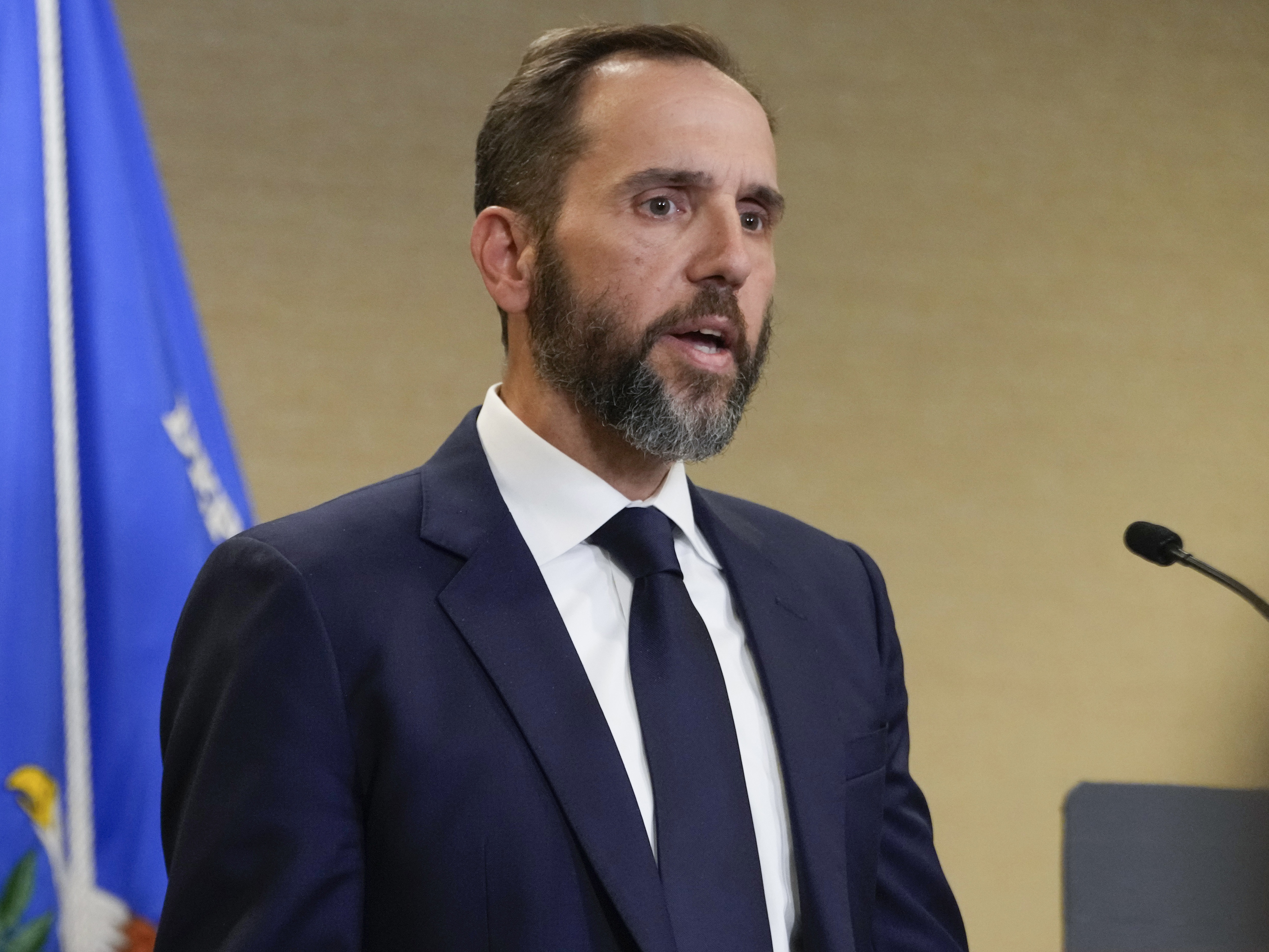 caption: Special counsel Jack Smith, speaking about an indictment of Donald Trump on Aug. 1, 2023, at a Department of Justice office in Washington.