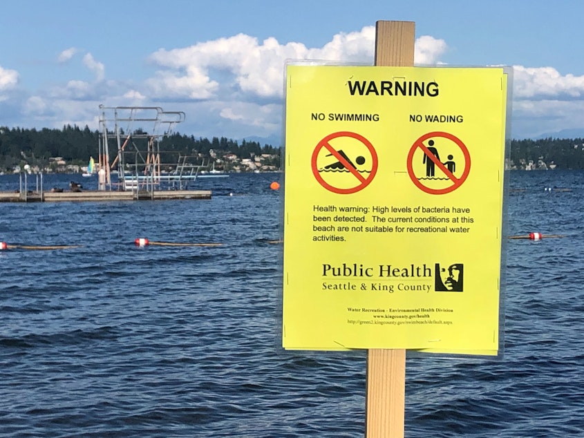 caption: A no-swimming and no-wading sign at Matthews Beach in north Seattle. High levels of bacteria were detected last week, although it is unclear if this beach's closure was directly linked to the sewage spill in Renton.
