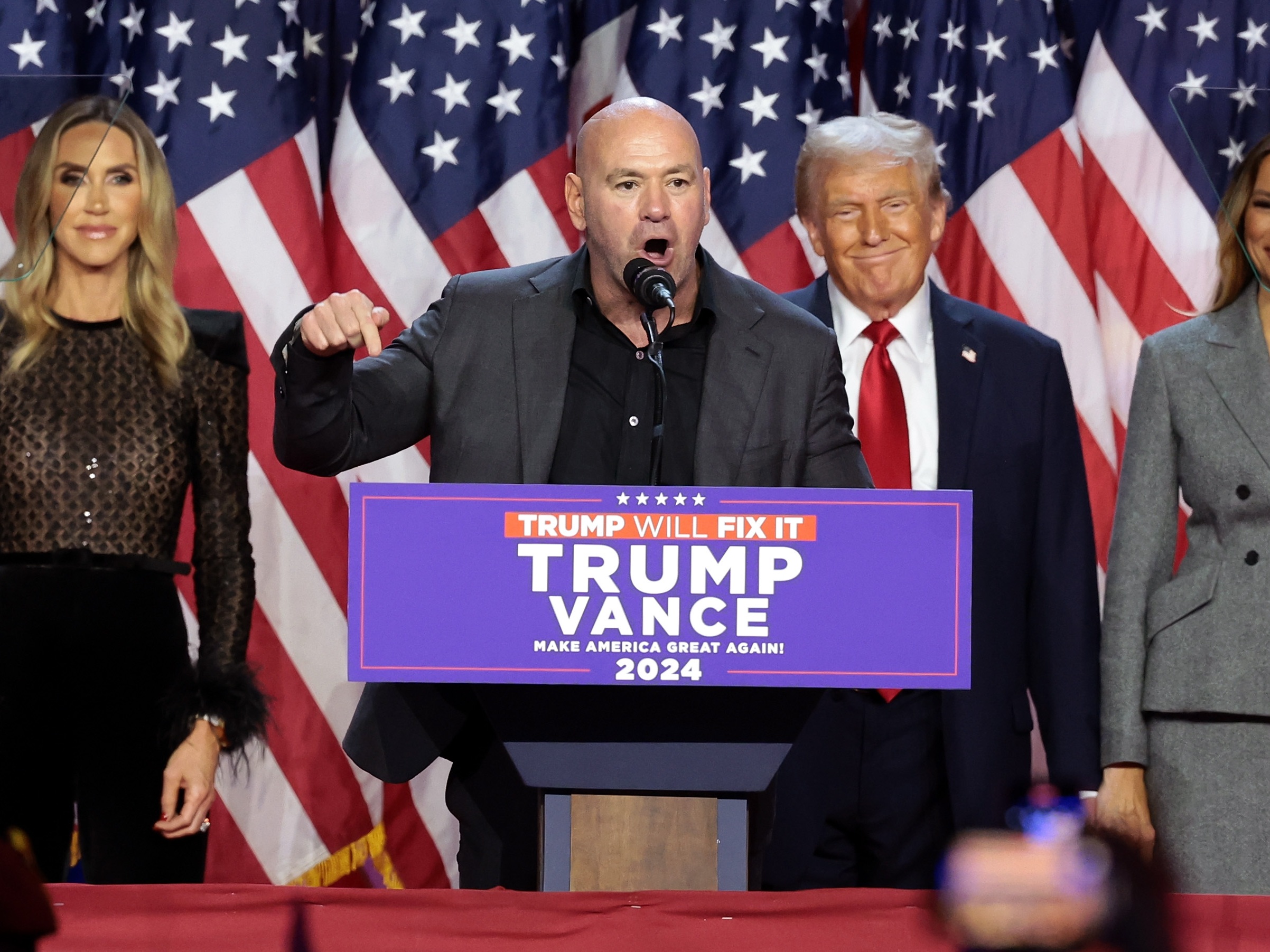 caption: Ultimate Fighting Championship CEO Dana White speaks at an election night event for President-elect Donald Trump in West Palm Beach, Fla., on Nov. 6. Facebook and Instagram parent company Meta has named White to its board of directors.
