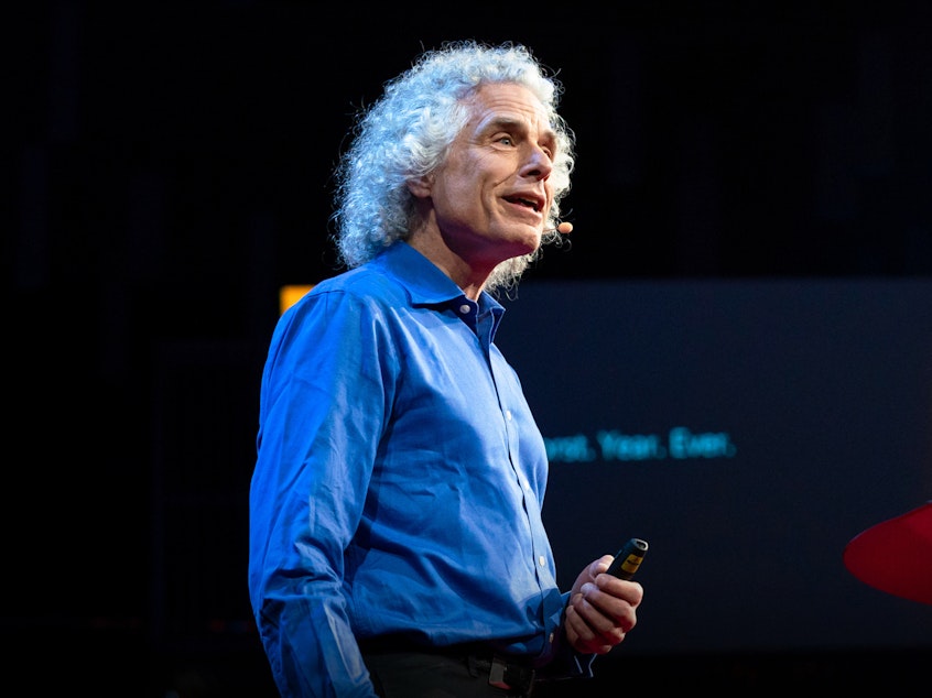 caption: Steven Pinker on the TED stage.
