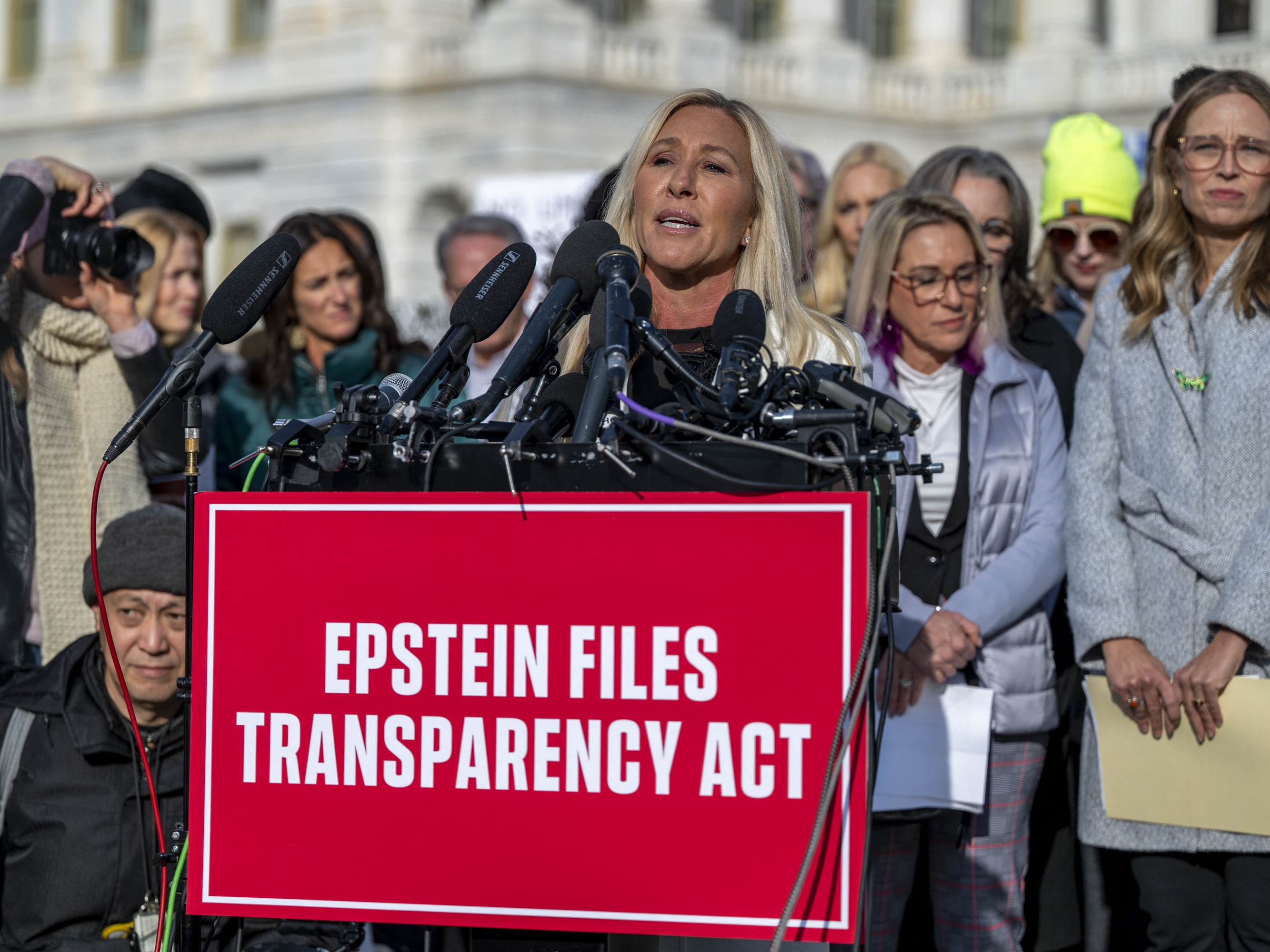 caption: Rep. Marjorie Taylor Greene, R-Ga., speaks during a press conference on the "Epstein Files Transparency Act" at the US Capitol in Washington, DC on November 18, 2025.