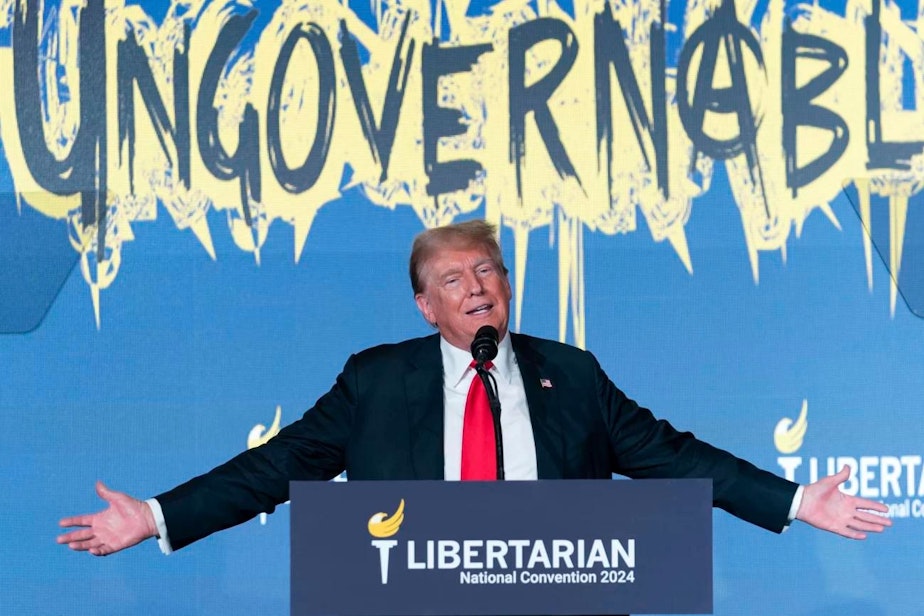 caption: Republican presidential candidate, former President Donald Trump speaks at the Libertarian National Convention at the Washington Hilton in Washington, Saturday, May 25, 2024.
