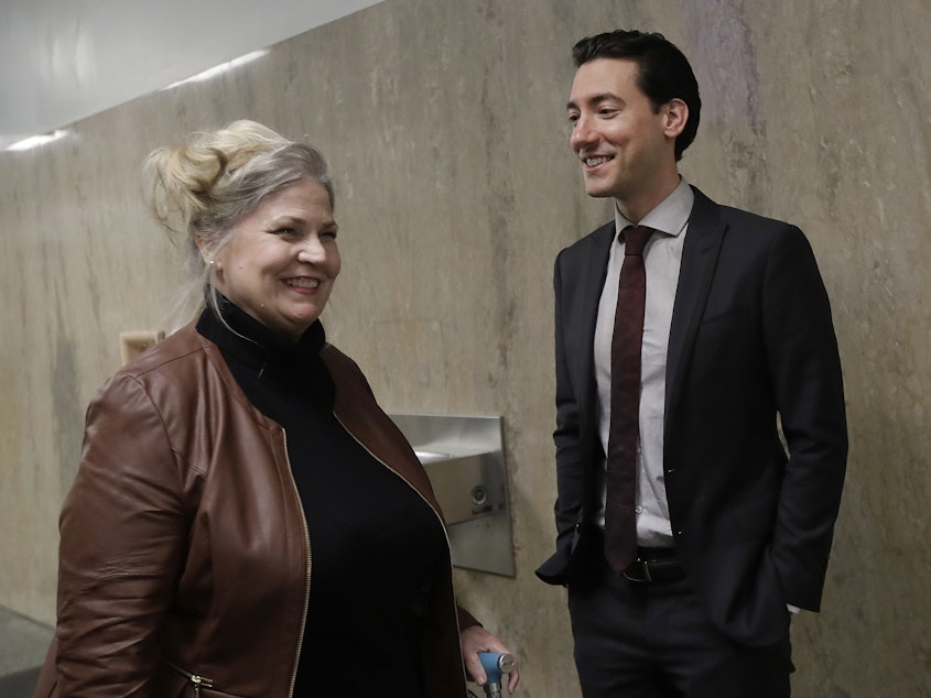 caption: Sandra Merritt and David Daleiden outside of a San Francisco courtroom. The two anti-abortion activists are charged with invasion of privacy for secretly making videos at Planned Parenthood meetings.
