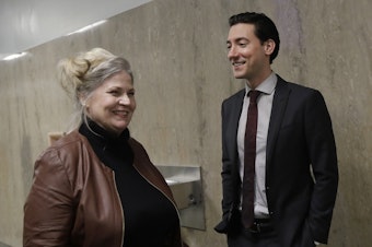 caption: Sandra Merritt and David Daleiden outside of a San Francisco courtroom. The two anti-abortion activists are charged with invasion of privacy for secretly making videos at Planned Parenthood meetings.