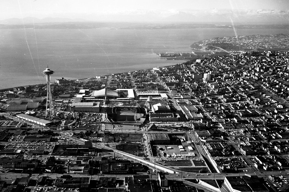 caption: Aerial view of the grounds of the Century 21 Exposition (later Seattle Center), Seattle, Washington, US, 1962.