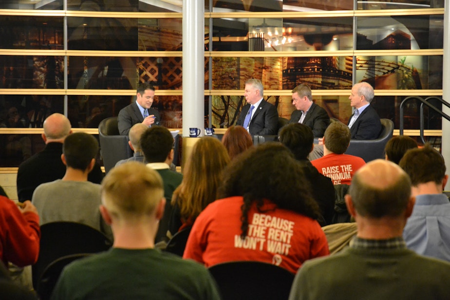 caption: Mayor Murray discusses increasing the minimum wage in Seattle on Seattle Channel with his committee co-chairs David Rolf and Howard Wright.