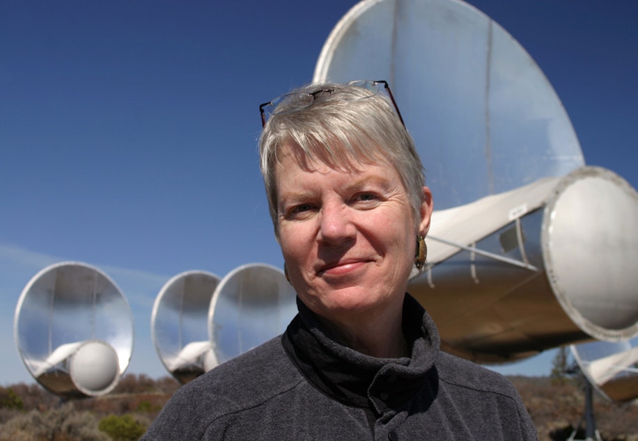 caption: Dr. Jill Tarter, 2009 TED prizewinner, at the Allen Telescope Array