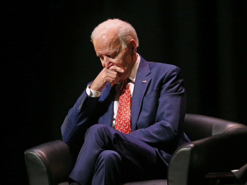 caption: Former Vice President Joe Biden pauses as he speaks at the University of Utah in December. Allegations of inappropriate contact with women are putting Biden's potential campaign hopes in jeopardy.