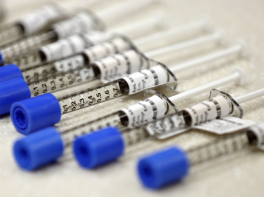 caption: Syringes of fentanyl, an opioid painkiller, sit in an inpatient facility in Salt Lake City. According to the Centers for Disease Control and Prevention, opioid-related overdoses have contributed to the life expectancy drop in the U.S.