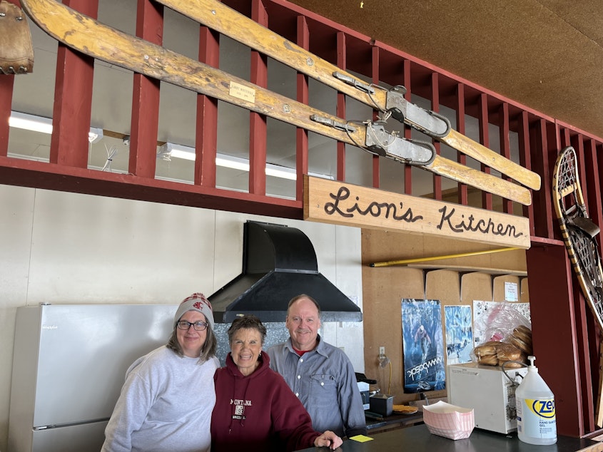 caption: Waterville Lions Club Volunteers (left to right): Susan Middlestaedt, Bobby Ann Wilms, and Jim Ruud in the Badger Mountain ski lodge.