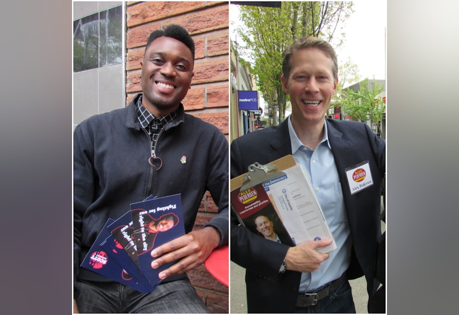 caption: Shaun Scott (left) and Alex Pedersen are among dozens of Seattle City Council candidates collecting democracy vouchers. 